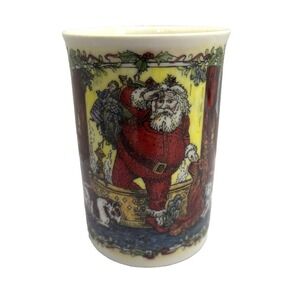 Vtg Dunoon Stoneware Christmas Cheer Coffee Cocoa Mug "Santa's Arrival" Cat Dog